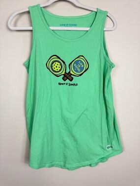 Life is Good Tank Top Womens Large Pickleball Top Green Yellow Sporty Summer